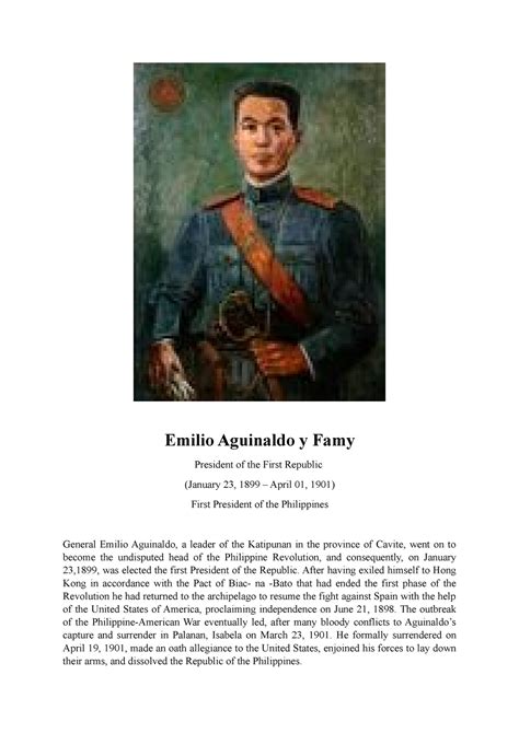 Presidents Of The Philippines Emilio Aguinaldo Y Famy President Of