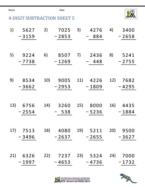 5 Digit Subtraction Worksheets