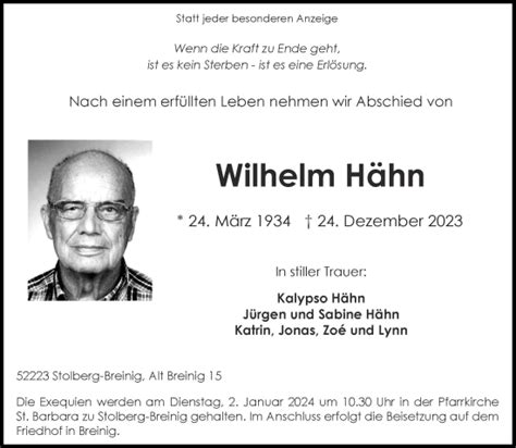 Traueranzeigen Von Wilhelm H Hn Aachen Gedenkt