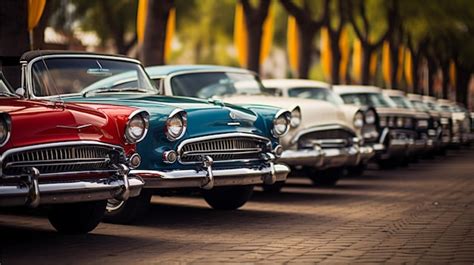 Premium Ai Image Vintage Cars Line Up On A Street In Front Of A Building