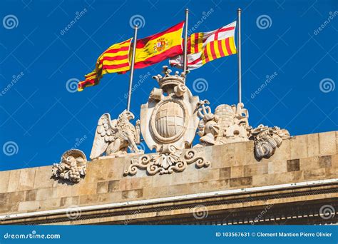 Three Flags Fly Above the Town of Barcelona, Spain Stock Image - Image ...