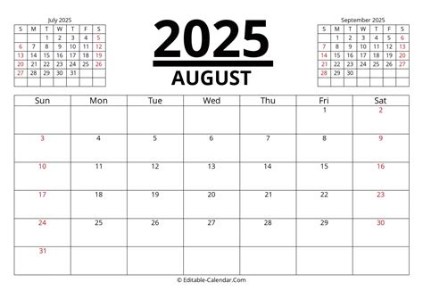 Download August 2025 Printable Calendar With Previous And Next Month