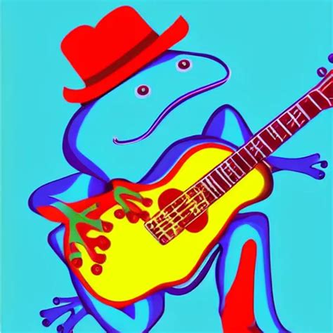 Frog Playing On Guitar Blue Background Modern Stable Diffusion