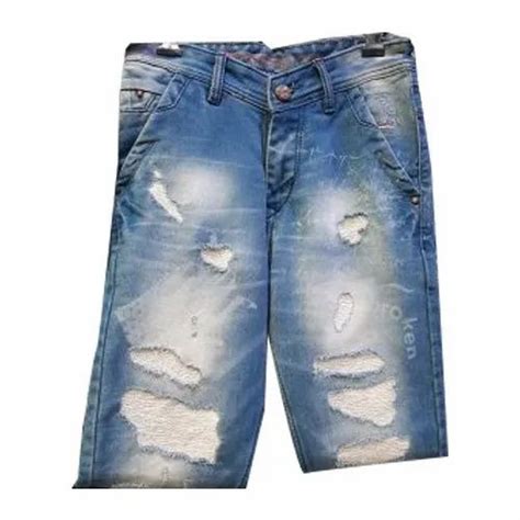 Casual Wear Button And Zipper Mens Ripped Regular Fit Jeans Waist Size