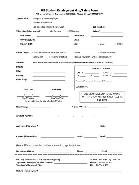 Fillable Online Rit Rit Student Employment Hire Rehire Form Fax Email