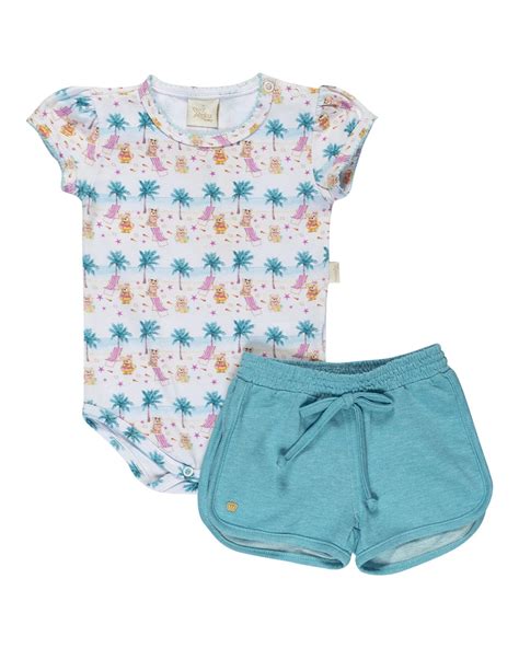 Conjunto Body Bebê Manga Curta Menina Short 100 Algodão Anjos Baby