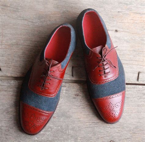 Handmade Mens Blue Burgundy Leather Suede Cap Toe Brogue Lace Up Designer Shoes Mens Shoes