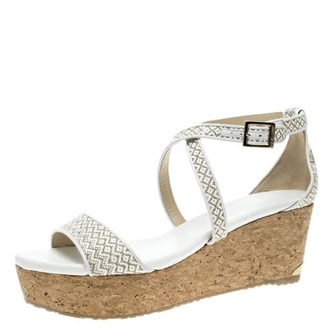 Jimmy Choo Two Tone Woven Fabric Portia Cork Wedge Cross Strap Sandals