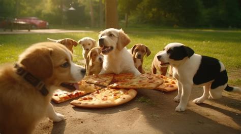 Un Grupo De Perros Comiendo Pizza En Un Parque Foto Premium