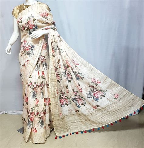 White Pure Handloom Linen Printed Silk Saree For Online Shopping