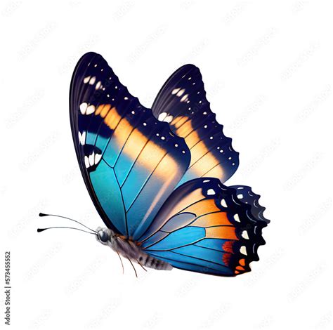 Very Beautiful Blue Yellow Orange Butterfly In Flight Isolated On A