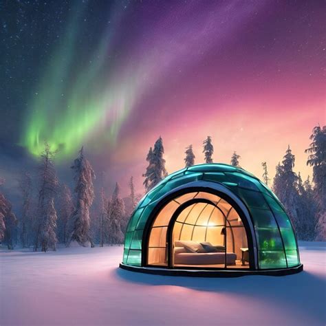 Premium Photo | Northern lights in a glass igloo Finland snow magical cozy