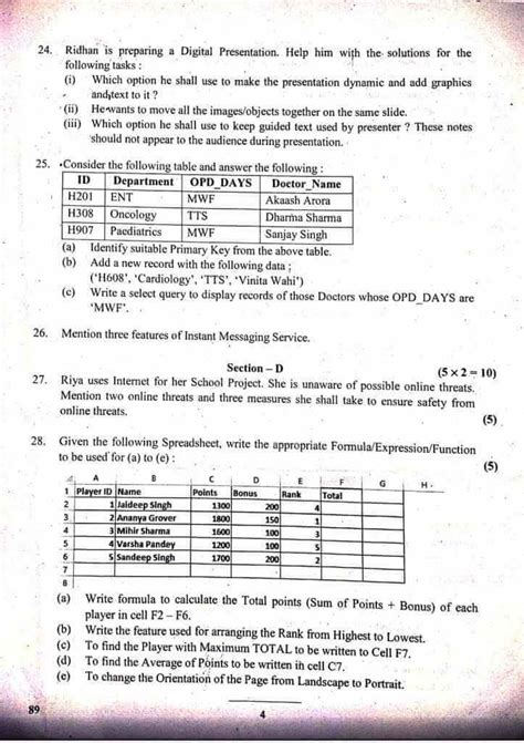 Cbse Sample Paper Of Information Technology Class 10 2021 Examples Paper