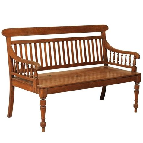 British Colonial Style Teak Wood Bench With Slats On The Backrest And