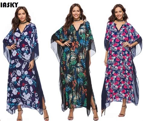 Iasky Plus Size Cover Up Beach Long Dress Print Floral Swimwear Bikini Cover Ups Women 2018