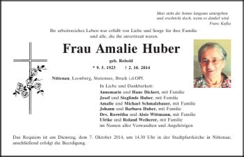 Traueranzeigen Von Nittenau Amalie Huber Mittelbayerische Trauer