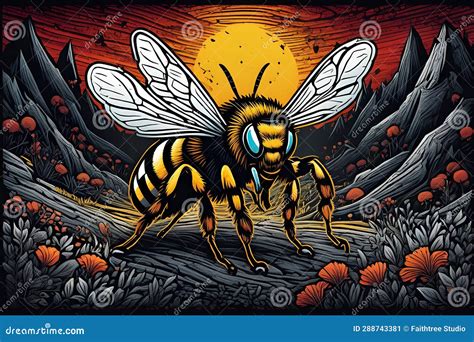 Beautiful Detailed Colored Linocut Art Style of a Giant Bee Standing ...