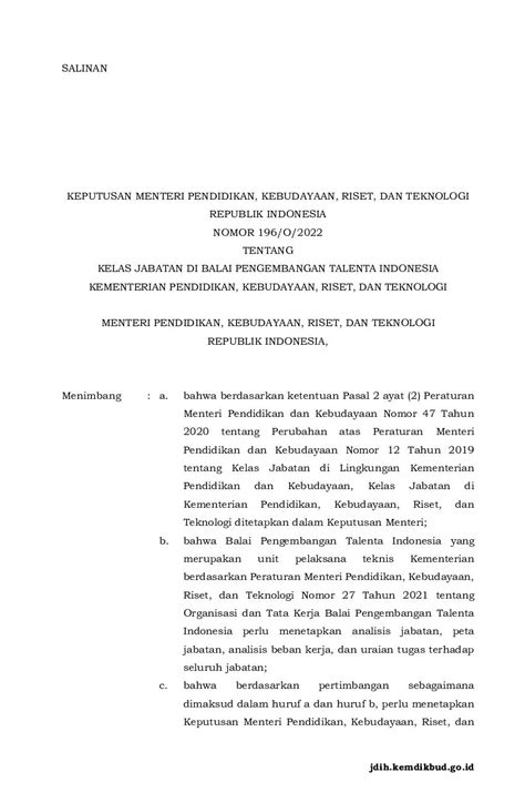 Keputusan Menteri Pendidikan Kebudayaan Riset Dan Teknologi No 196 O