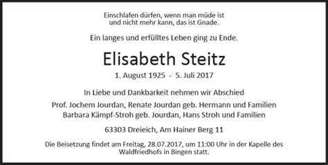 Traueranzeigen Von Elisabeth Steitz Vrm Trauer De