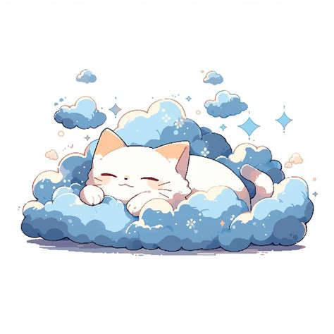 Gato De Dibujos Animados Durmiendo En Una Nube Con Los Ojos Cerrados Ai