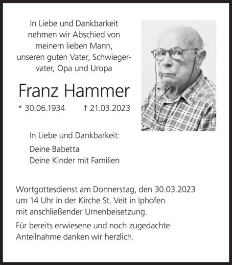 Franz Hammer Traueranzeige Trauer Infranken De