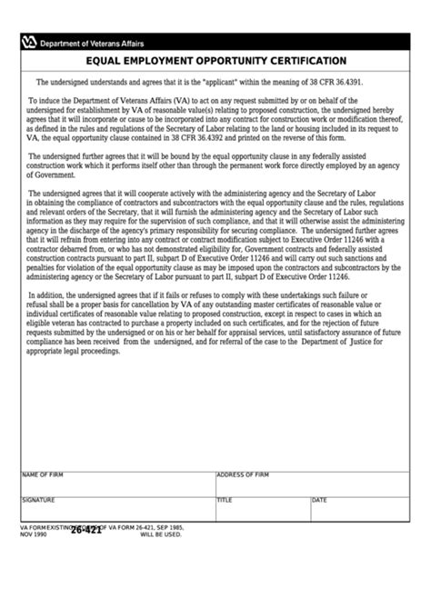 Fillable Va Form 26 421 Equal Employment Opportunity Certification