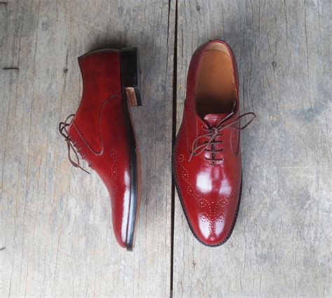 Handmade Burgundy Color Leather Shoes Mens Brogue Lace Up Dress Shoes