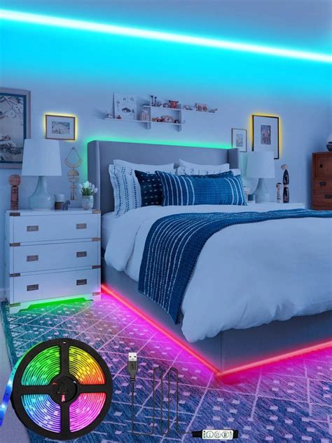 A Bed Room With A Neatly Made Bed And Colorful Lights