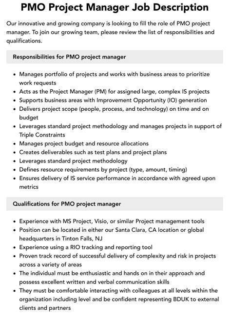 Pmo Project Manager Job Description Velvet Jobs