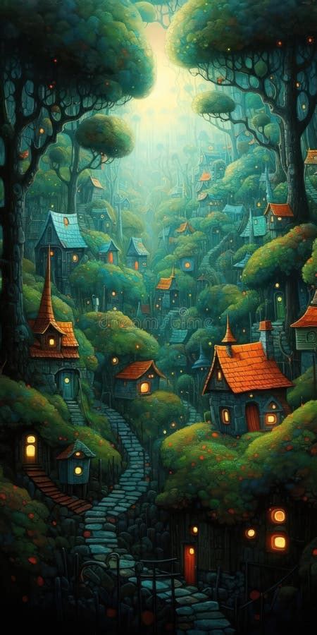 Enchanted Anime Forest with Secluded Hamlet Stock Illustration ...