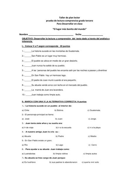 Pdf Taller De Plan Lector Prueba De Lectura Comprensiva Taller De