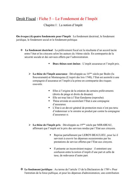 Droit Fiscal Fiche 5 Le Fondement de lImpôt Droit Fiscal Fiche