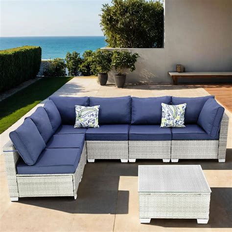 7-Piece Grey Wicker Outdoor Sectional, Rattan Outdoor Patio Set with ...