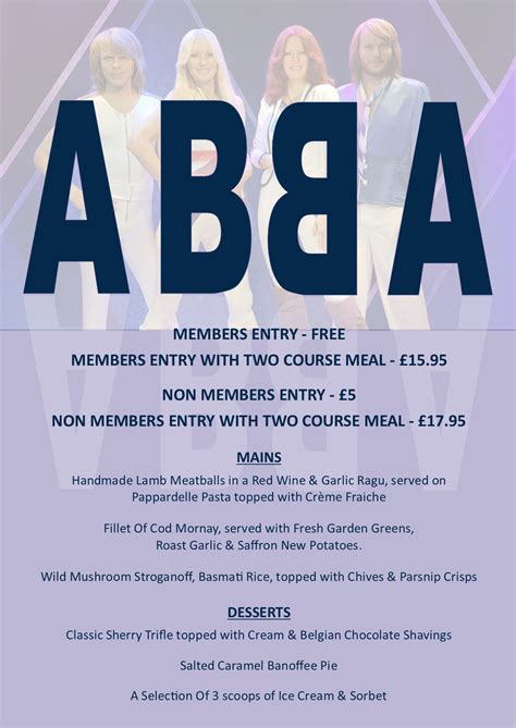 Abba Night Menu The Colchester Officers Clubthe Colchester Officers