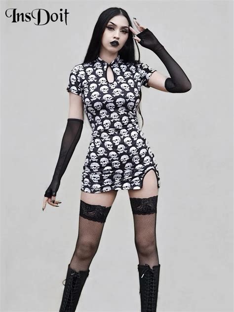 Insdoit Gothic Clothes Sexy Slim Black Dress Women Chinese Style Hollow