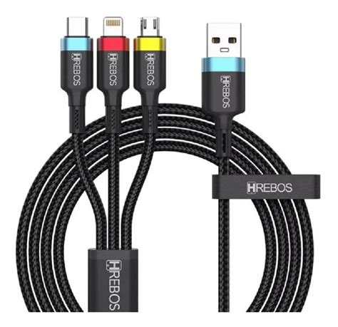 Cable Usb 2 0 Hrebos HS 326 Negro Con Entrada Type C Micro E Lightning