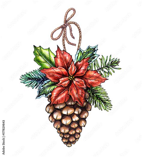 watercolor Christmas ornament, decorated pine cone illustration, winter ...