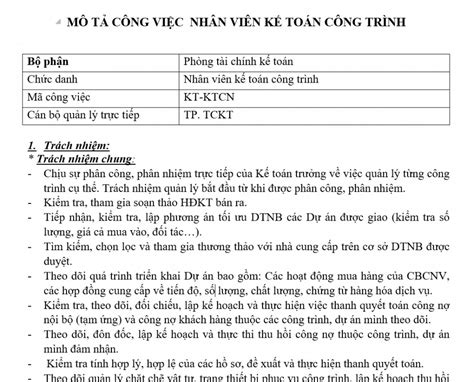 Quản Trị Phòng Tài Chính Kế Toán Mô Tả Công Việc Của Kế Toán Công Trình