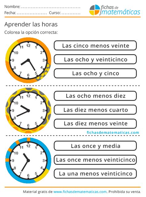 Aprender Las Horas Ejercicios Con Relojes Para Ni Os Pdf Gratis