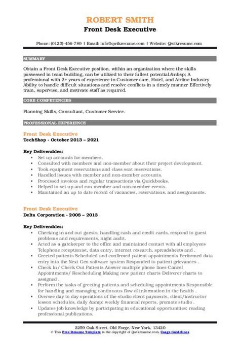 Front Desk Executive Resume Samples | QwikResume