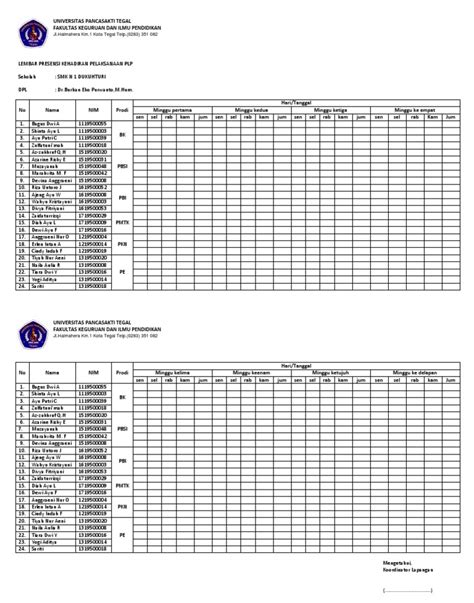 Lembar Presensi Pelaksanaan PLP - Smekar | PDF
