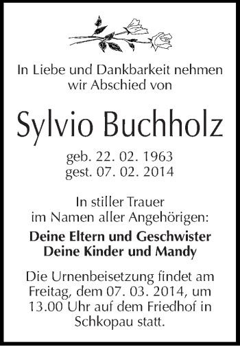 Traueranzeigen Von Sylvio Buchholz Abschied Nehmen De