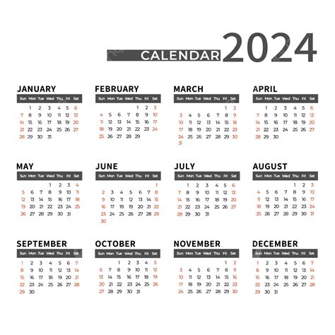 2024 Black Simple Annual Calendar Calendar Vector 2024 Calendar