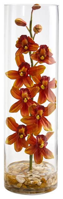 Nearly Natural Cymbidium Orchid Artificial Arrangement In Cylinder Vase