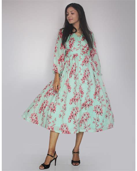 Green And Pink Floral Printed Flared Dress By Threeness The Secret Label