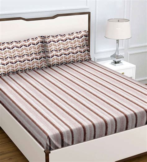 Buy Multicolor Striped 180 TC Cotton Queen Sized Bed Sheets With 2