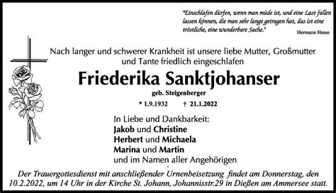 Traueranzeigen von Friederika Sanktjohanser Allgäuer Zeitung