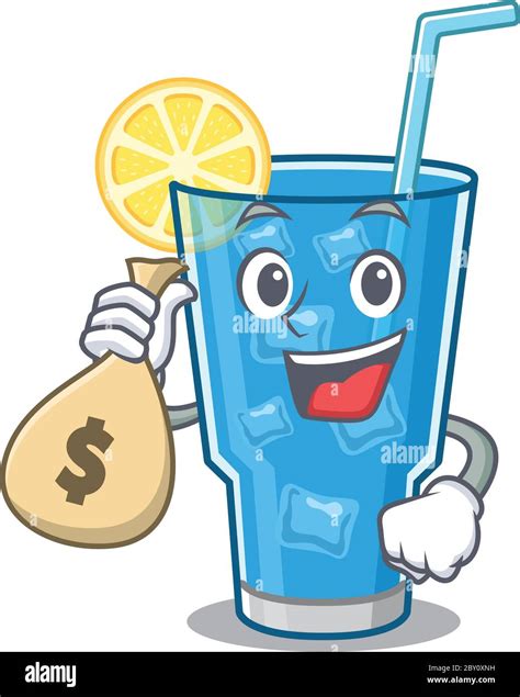 Crazy Rich Blue Lagoon Cocktail Mascot Design Having Money Bags Stock