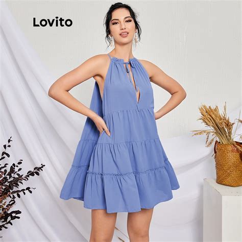 Lovito Boho Plain Tie Back Drawstring Dress L14E017 Blue Purple Mint