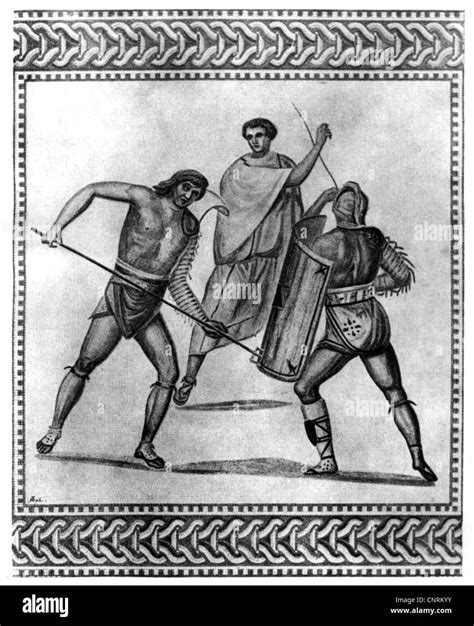 Ancient World Roman Empire Gladiators Secutor Fighting A Retiarius